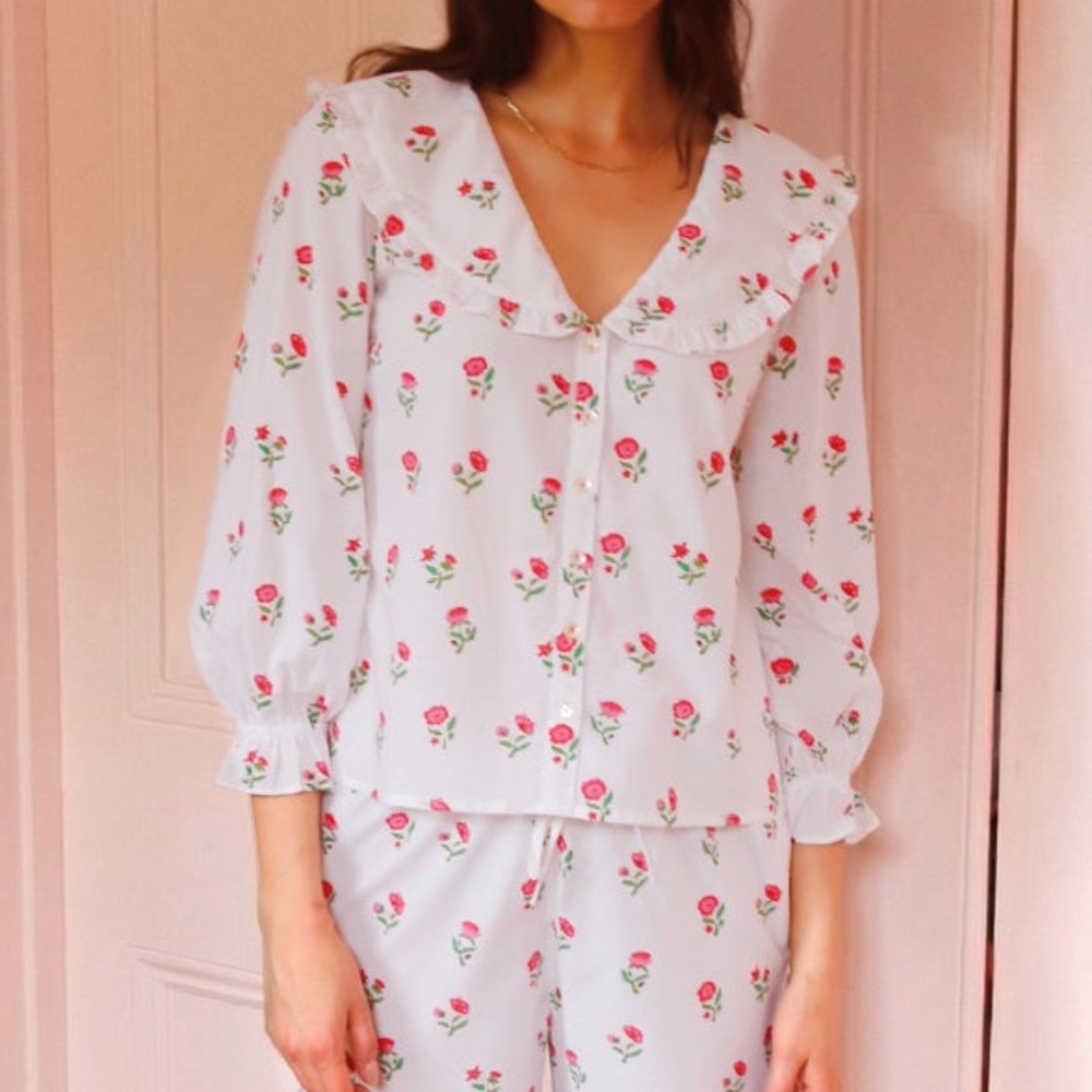 Pink City Prints Scarlet Ditsy Joy Pyjama White and Pink Organic Cotton Top | S - Picture 2 of 9